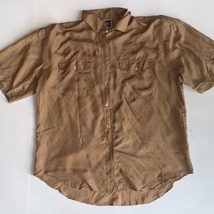 Vintage Priority Tan Silk Button Down Top Short Sleeve Size Large